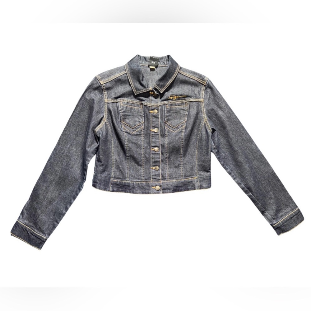 FUBU Blue Cropped Jean Jacket with Contrast Stitching